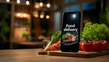 A smartphone displaying food delivery options surrounded by fresh vegetables on a wooden table in a cozy indoor setting.