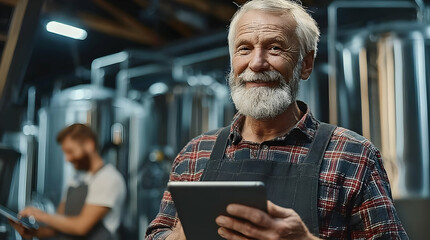 An experienced man smiles confidently while using a tablet in an industrial setting, showcasing modern teamwork and technology.