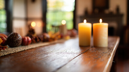 Obraz premium Wooden Table with Blurred Background Featuring Juneteenth Candles and Heritage Decor