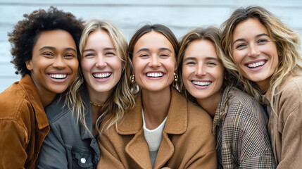 Fototapeta premium Group of Five Diverse Women Smiling Together in Casual Outfits Against a Neutral Background