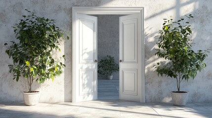 Open white double doors reveal a sunlit interior hallway with potted plants flanking the entrance.