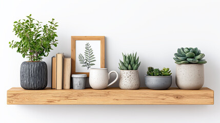 Contemporary Shelf Decor with Greenery, Books, and Elegant Ceramics in Minimalist Style for Home and Office Interior Design