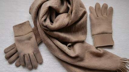 Warm beige knit gloves and a cozy scarf provide winter protection and style.