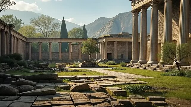 Ancient Ruins and Classical Architecture in Natural Setting with Mountains Landscape