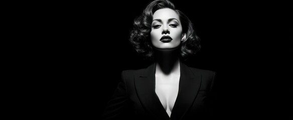 The sophisticated model exuding confidence in a dramatic black-and-white portrait.