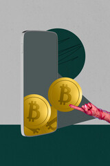 Art poster trendy collage photo of hand hold phone screen pour dollar coin income usd capital ebank...