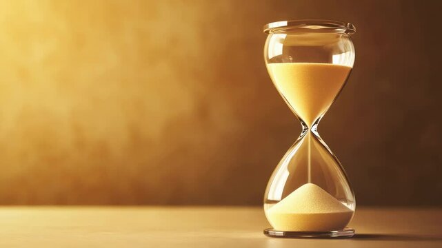 Sand cascading smoothly through delicate hourglass, resting on wooden surface with warm golden hues, symbolizing time's relentless flow, deadline pressure, and nuanced time management dynamics