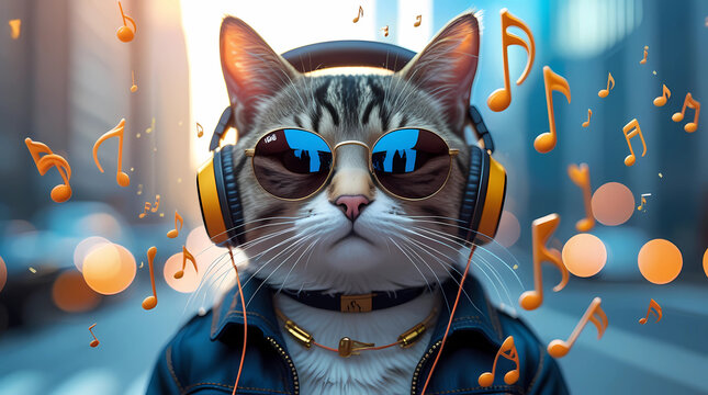 a cats wearing a jacket is listening to music
