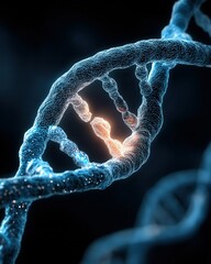 3D - rendered illustration of DNA double - helix with highlighted glowing section, ideal for science, genetics, and biology projects 