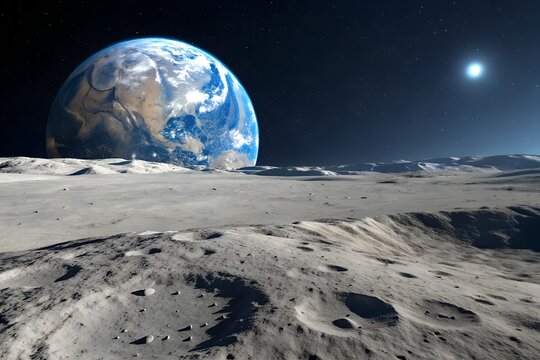 An awe-inspiring view of Planet Earth rising above the Moon's cratered surface, with the distant sun illuminating the scene in deep space.
genrative ai - Powered by Adobe