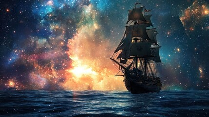 Sailing the Cosmos: An Antique Vessel Journeying Through the Starry Expanse