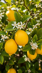 Oranges and lemons hang ripe on a branch of a citrus fruit tree in an organic orchard