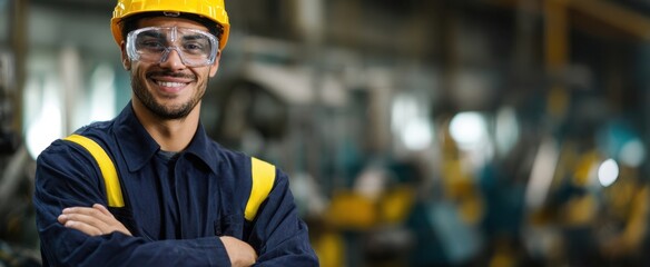 The smiling construction worker in safety gear at an industrial site.
