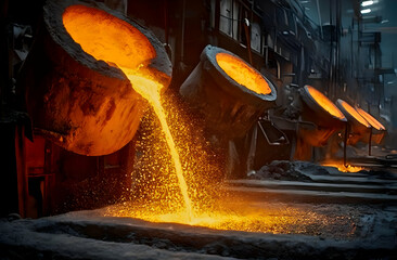 A dynamic scene in a foundry showcasing molten metal pouring from large crucibles, highlighting industrial processes and craftsmanship.