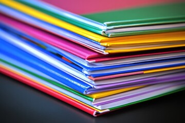A vibrant stack of colorful folders organized neatly on a dark surface, ideal for office settings