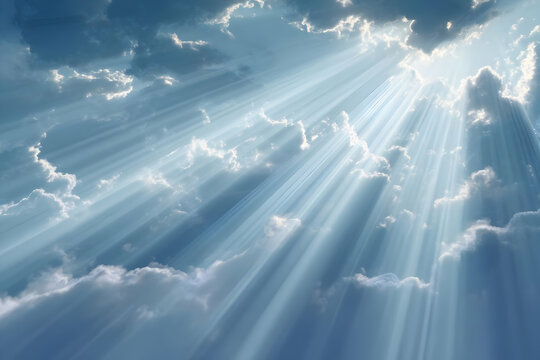 A stunning view of sunlight streaming through blue clouds, creating a serene and uplifting atmosphere in the sky.