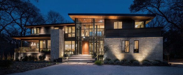 The modern luxury home showcases stunning architectural design at night.