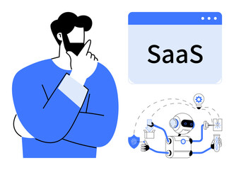 Man thinking deeply beside a SaaS interface and a robot managing digital tasks. Ideal for technology, SaaS platforms, artificial intelligence, innovation, automation, business solutions, future