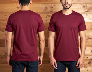 Fototapeta premium A vintage-style mockup of a man wearing a plain maroon t-shirt, front and back view.