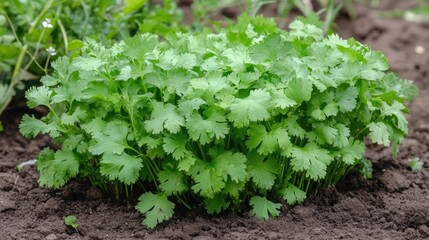 Obraz premium Lush cilantro growing in soil