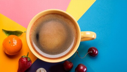 vibrant coffee cup with fruits on colorful abstract background