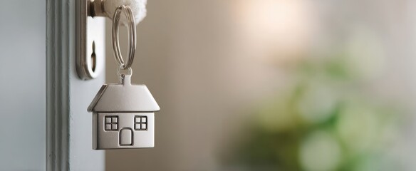 The house key resting on a stylish door handle in a warm environment.