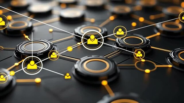 Abstract Network Connection with User Icons Connecting Nodes in a Technological Grid