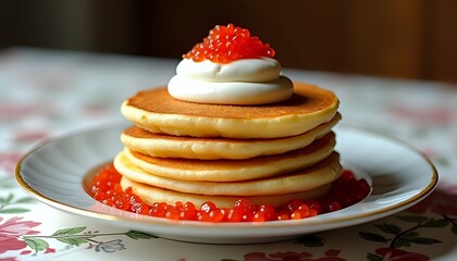 Stack of Pancakes with Caviar and Cream
