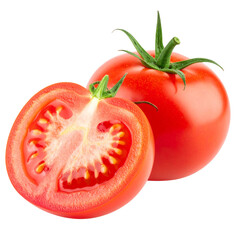 Side View of Tomato with Half-Cut Section Showing Juicy Interior, Transparent PNG Background