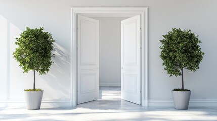 Sunlit white room with open door, potted plants.