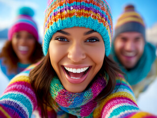 Smiling woman in colorful winter sweater and hat takes a selfie with friends in snowy landscape, showcasing joy and friendship in a vibrant outdoor winter setting with bright sunlight