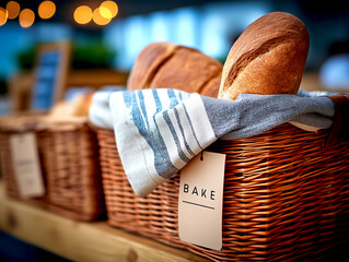 Freshly baked loaves of bread displayed in rustic wicker baskets lined with cloth, artisanal craftsmanship and inviting ambiance in a cozy bakery setting, for food enthusiasts and culinary inspiration