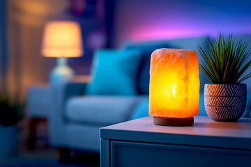 Warm glowing salt lamp on a side table, surrounded by a decorative plant, with a cozy living room ambiance featuring soft lighting and comfortable furniture creating a relaxing atmosphere