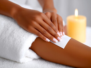 Beautiful hands gently place a wax strip on a smooth leg in a tranquil spa environment, illuminated by soft lighting and a flickering candle, enhancing the soothing ambiance for beauty treatment