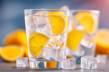 Refreshing beverage with ice cubes and lemon slices in clear glass, surrounded by fresh lemon halves, creating a vibrant and inviting summer drink atmosphere for thirst-quenching enjoyment