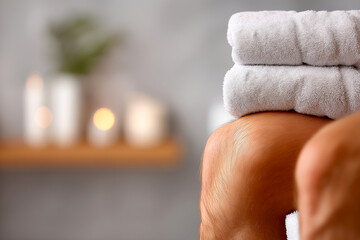 Male legs. Close-up of a relaxed individual with a stack of soft white towels resting on their shoulder, surrounded by candles and a serene atmosphere, evoking a sense of tranquility and wellness