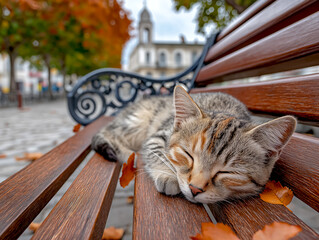 A tabby cat is resting comfortably on a wooden bench in a park, surrounded by colorful autumn leaves, with soft focus trees and buildings in the background, evoking a peaceful outdoor scene