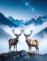 Two majestic deer stand gracefully atop a rugged mountain peak, their antlers silhouetted against a vibrant sunset sky, surrounded by lush greenery.