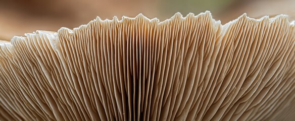 The intricate gills of a mushroom in stunning macro detail.