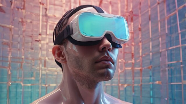 3D-rendered human head floating in soft pastel gel or liquid, with geometric VR/AR goggles. - Powered by Adobe