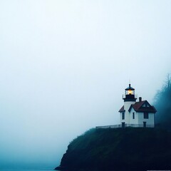 Serene Lighthouse on Foggy Coastline at Dusk with Dramatic Atmosphere