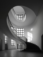 Monochrome spiral staircase in an interior space with large windows, casting light - filled shadows on the walls. Ideal for architectural design, interior decor, and minimalist projects. 