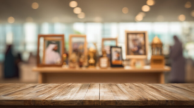Wooden Table with Blurred Arabic Language Day Background and Cultural Tribute Display