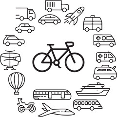 Diverse Transportation Icons An Illustrative Collage Displaying Various Modes of Transport Including Cars, Bikes, Planes, and More All Encircling a Bicycle