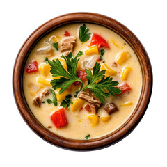 Creamy Chicken Soup with Vegetables and Herbs in Rustic Bowl Perfect for Cozy Night or Comfort Food Display transparent background