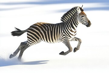 A zebra gallops gracefully across a snowy landscape, showcasing its striking black and white stripes