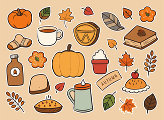Cozy Autumnal Doodle Pattern with Pumpkins Leaves Baked Goods Warm Drinks and Other Fall Themed Elements on a Beige
