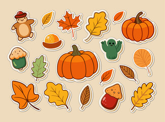 A Collection of Autumnal Stickers Featuring Pumpkins Leaves a Bear and Other Fall Themed Decorative Elements collection