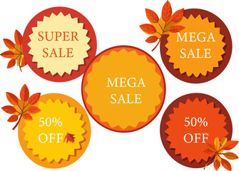 Four Autumn Sale Badges Featuring Pumpkins and Maple Leaves in Red and Yellow Colors on a White Background