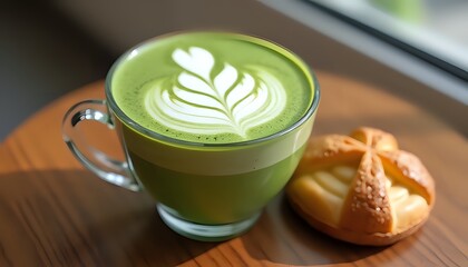 Matcha Latte and Pastry on Wooden Tray
